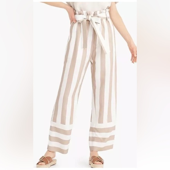 J. Crew Point Sur Linen Blend Paperbag Pants Size 6 Khaki Ivory Striped NWT $128 - Picture 2 of 16